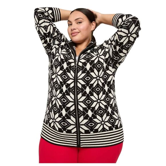Lane Bryant Size 2X 18/20 Jacquard Zip Sweater Jacket Black White Snowflake Knit - Picture 1 of 10